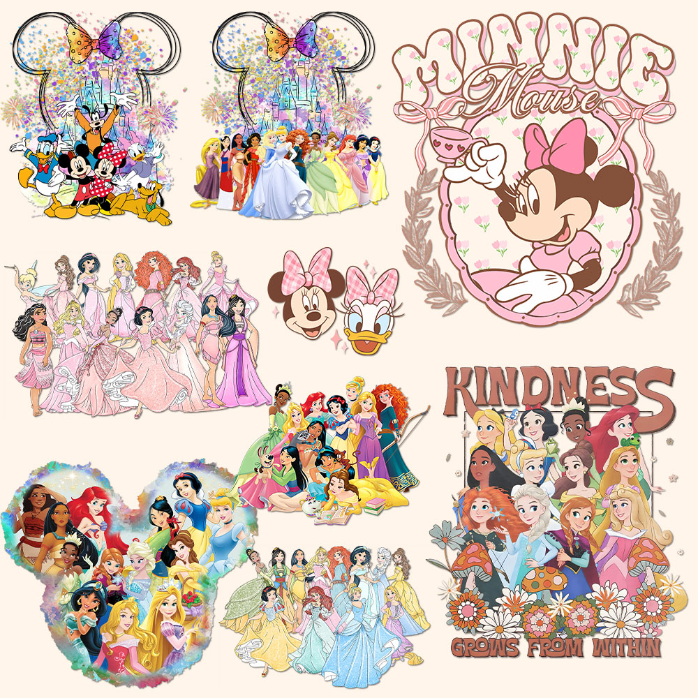 Printable Heat Transfer Vinyl - Retro Mickey Minnie Pink Princesses Watercolor